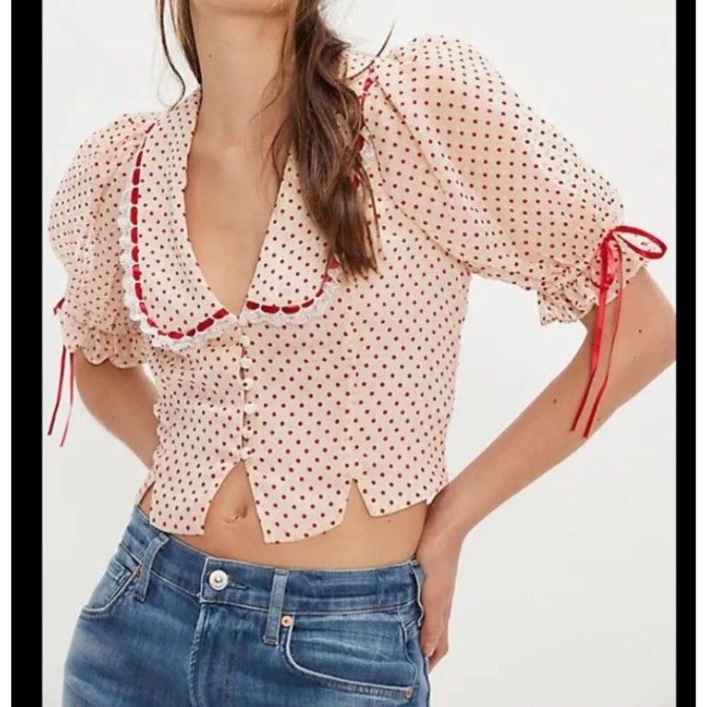 For Love & Lemons Crop Top Cream/Red Polka Dot Puff Sleeve Large Cottage Peasant